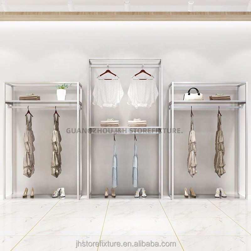 Boutique clothes store stainless steel silver two layers shirt display stand custom clothes rack with shoes shelves