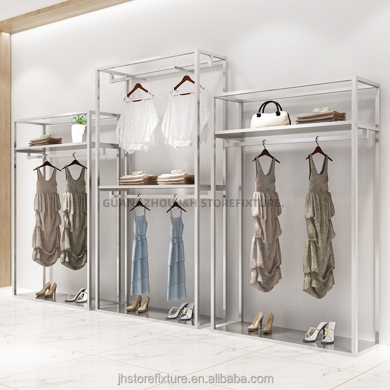 Boutique clothes store stainless steel silver two layers shirt display stand custom clothes rack with shoes shelves