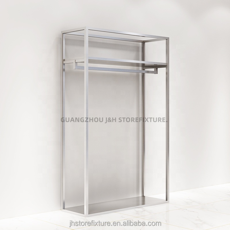 Boutique clothes store stainless steel silver two layers shirt display stand custom clothes rack with shoes shelves