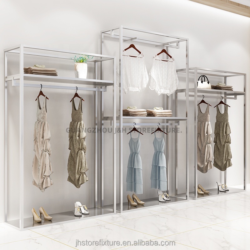 Boutique clothes store stainless steel silver two layers shirt display stand custom clothes rack with shoes shelves