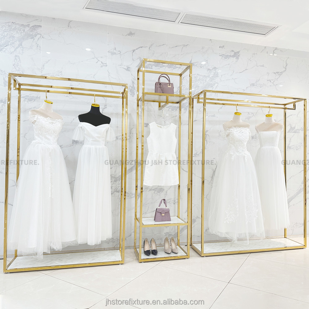 Front hanging wedding dress display stand gold dress store high heel shoes display rack