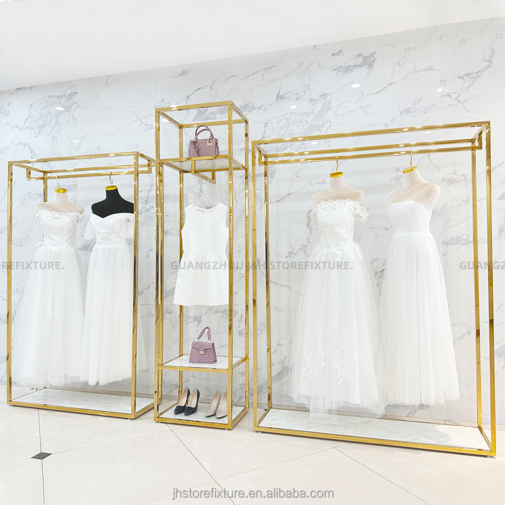 Front hanging wedding dress display stand gold dress store high heel shoes display rack