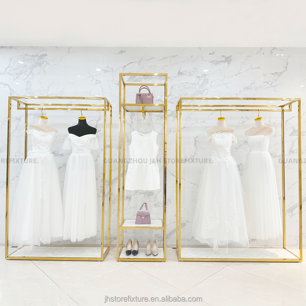 Front hanging wedding dress display stand gold dress store high heel shoes display rack