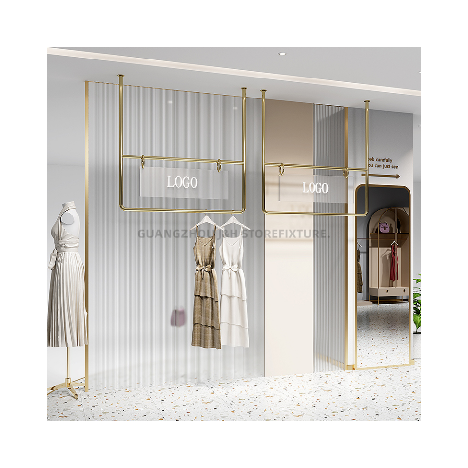 wall mounted hanging display racks for clothing store ceiling hanging display rack with acrylic logo shoe handbag display shelf