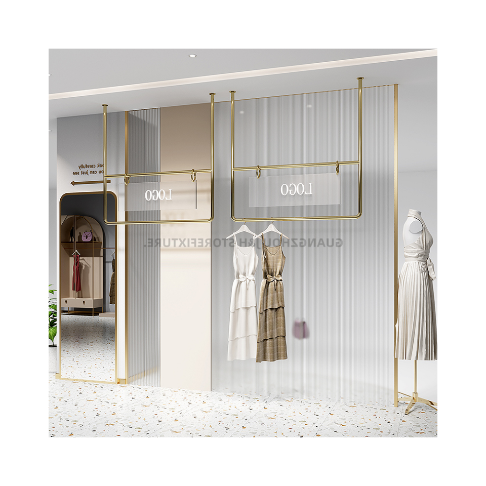 wall mounted hanging display racks for clothing store ceiling hanging display rack with acrylic logo shoe handbag display shelf