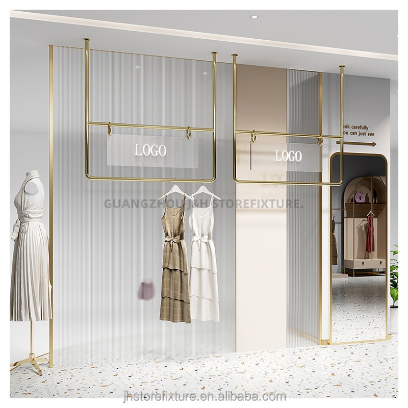 wall mounted hanging display racks for clothing store ceiling hanging display rack with acrylic logo shoe handbag display shelf