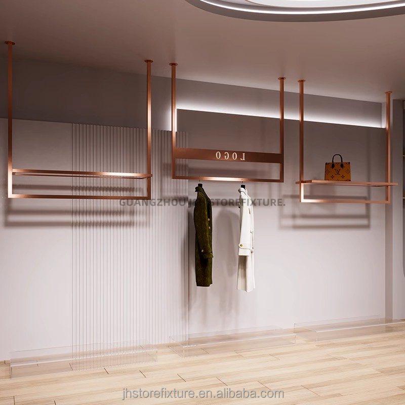 clothes shop design display hanging adjustable wall mounting rose gold clothing rack exhibition display shelves