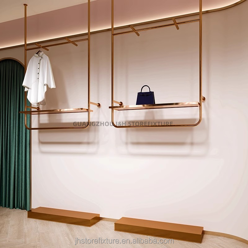 clothes shop design display hanging adjustable wall mounting rose gold clothing rack exhibition display shelves