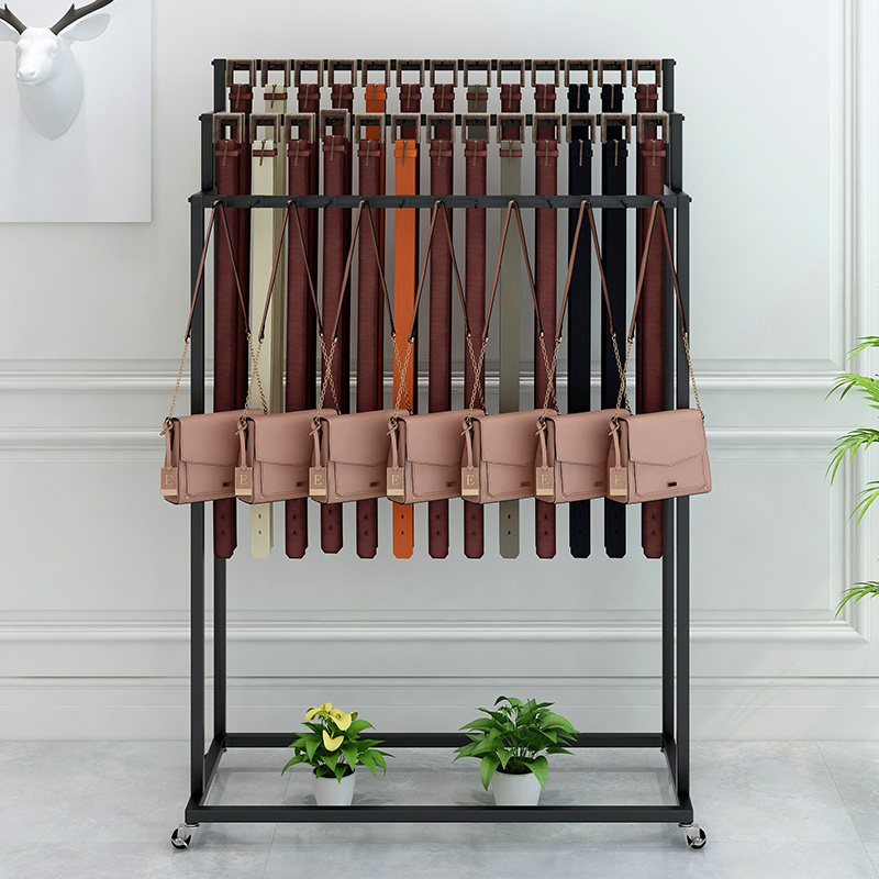 Metal black hanging display belt racks belt display spinner and tie display shelves floor standing belt and tie rack