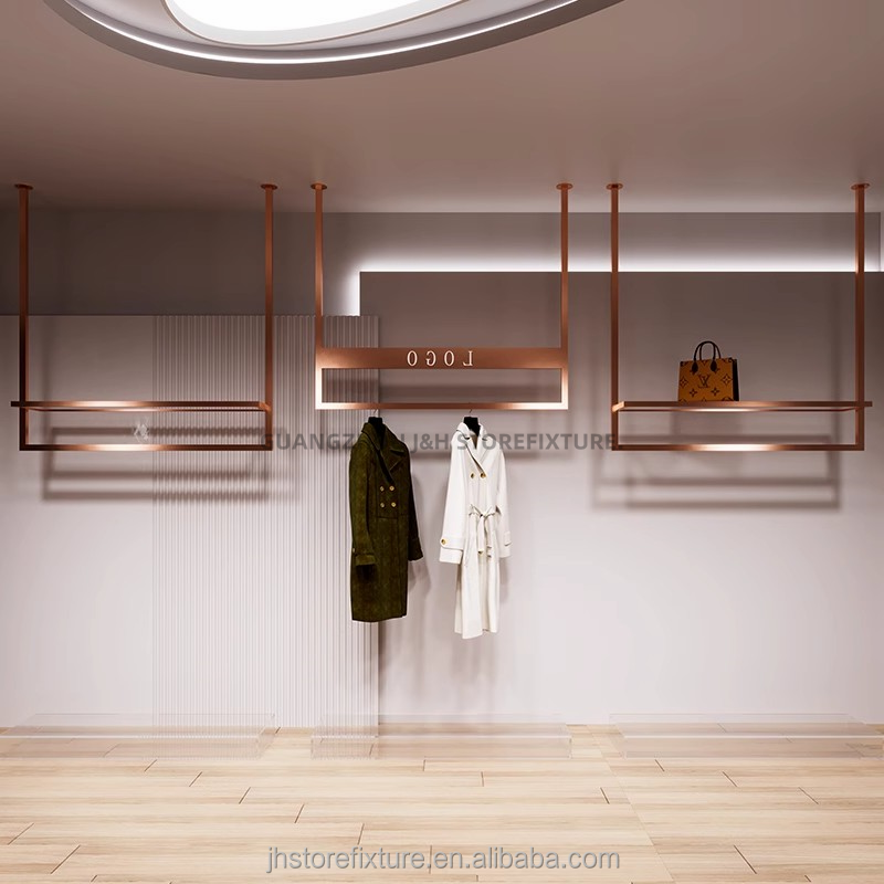 clothes shop design display hanging adjustable wall mounting rose gold clothing rack exhibition display shelves