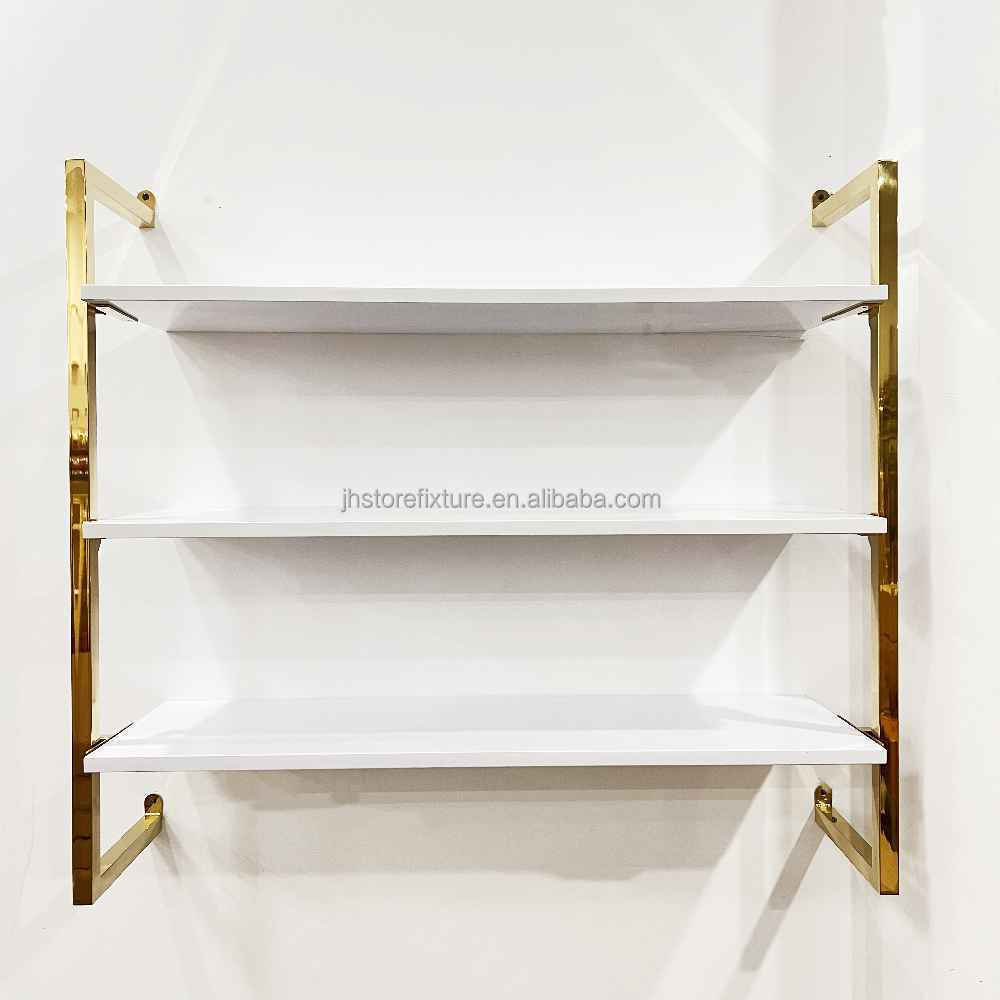 Customized Shoe Display mall window wallet wall mounted Gold Stainless Steel MDF Shoe bag display racks For Three Layers