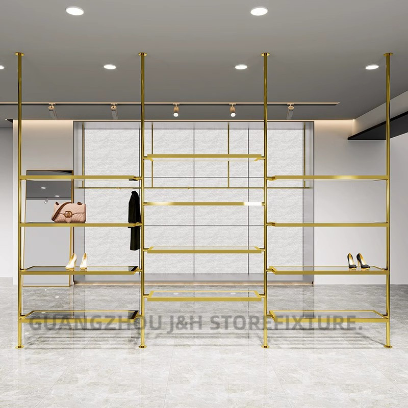 Shoes store wall mounted display rack gold custom floor to ceiling acrylic shelves stand hanging column