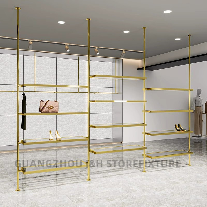 Shoes store wall mounted display rack gold custom floor to ceiling acrylic shelves stand hanging column