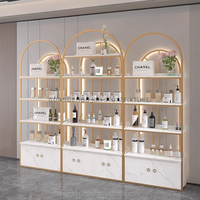 Factory hot sale hair salon shelves cosmetic display stand with cabinet and light Window display cosmetic shelf display rack