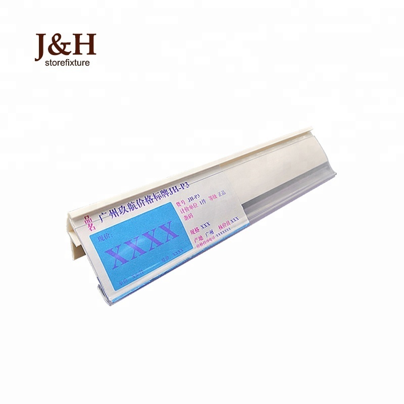 J&H Storefixture Wood Shelf Customized Edge Strip Barcode Ticket Data Strip With Gripper Talker Clip Clear Plastic Label Holder