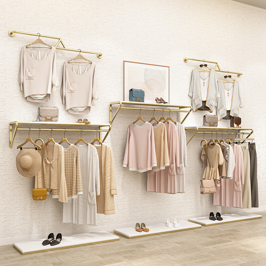 New Fashion Store Clothing Rails Display Gold Stainless Steel Wall Mounted Customized