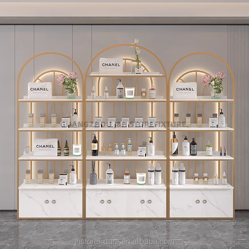 Factory hot sale hair salon shelves cosmetic display stand with cabinet and light Window display cosmetic shelf display rack