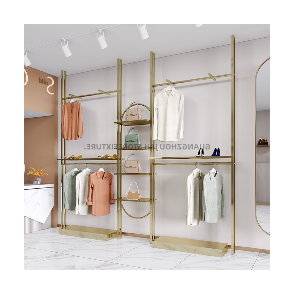 Ready to ship wall mounted gold shelf retail clothes display adjustable height shoe and clothes rack display custom