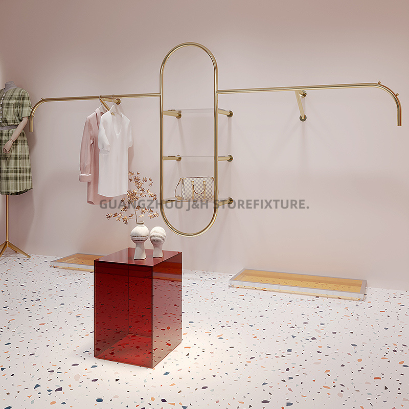 Fashionable Walled Clothing Racks For Boutique Gold Hanger Luxury Clothes Display Shoes Shop Interior Design