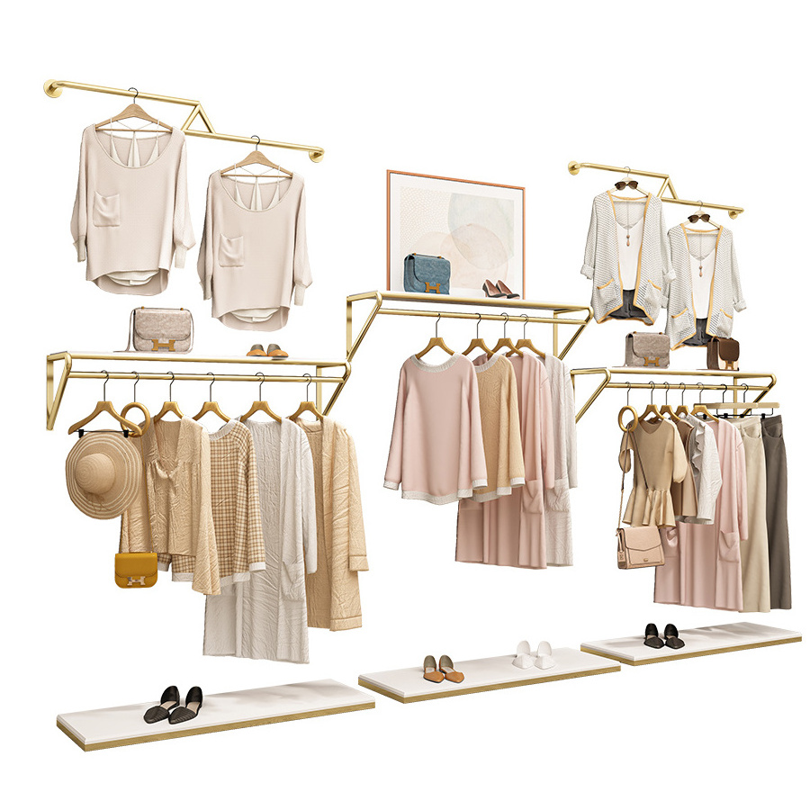 New Fashion Store Clothing Rails Display Gold Stainless Steel Wall Mounted Customized