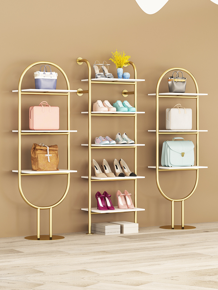 Store multi-layer shop furniture metal display stand Glossy stainless steel gold shoe bag display rack display shelf