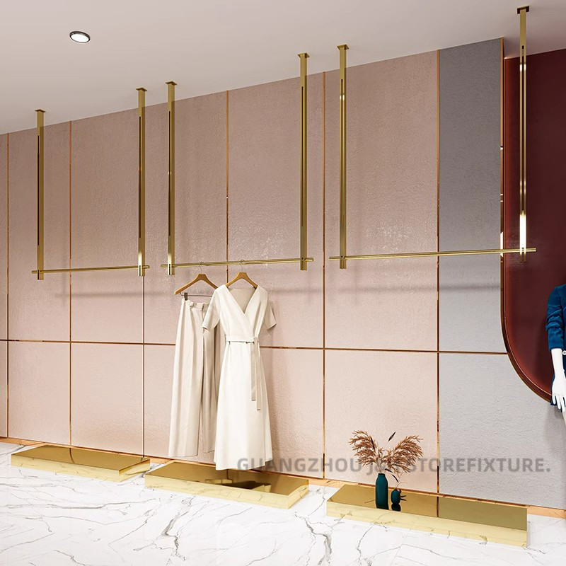 Floor-Style Shelf Luxury Gold Clothing Rack adjustable feet Boutique Display Clothes Rack Retail Use Modern Garment Rack