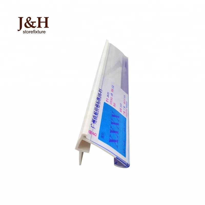 J&H Storefixture Wood Shelf Customized Edge Strip Barcode Ticket Data Strip With Gripper Talker Clip Clear Plastic Label Holder