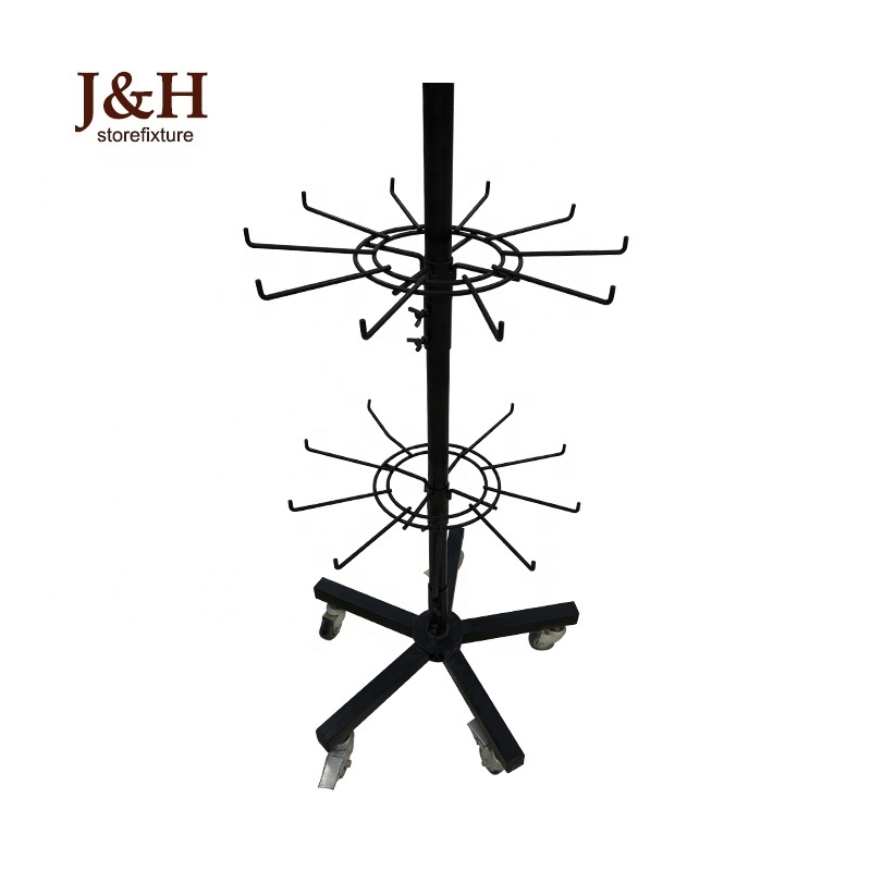 Retail Store Metal Wire Rotating Jewelry Display Rack Black Five Tier Floor Standing Spinning Display Rack with Hooks