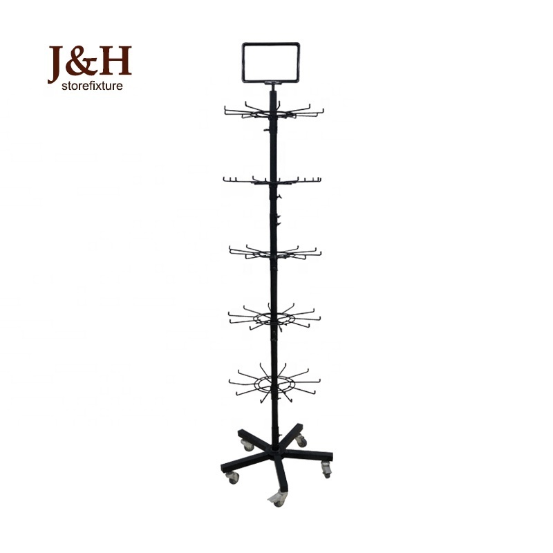 Retail Store Metal Wire Rotating Jewelry Display Rack Black Five Tier Floor Standing Spinning Display Rack with Hooks