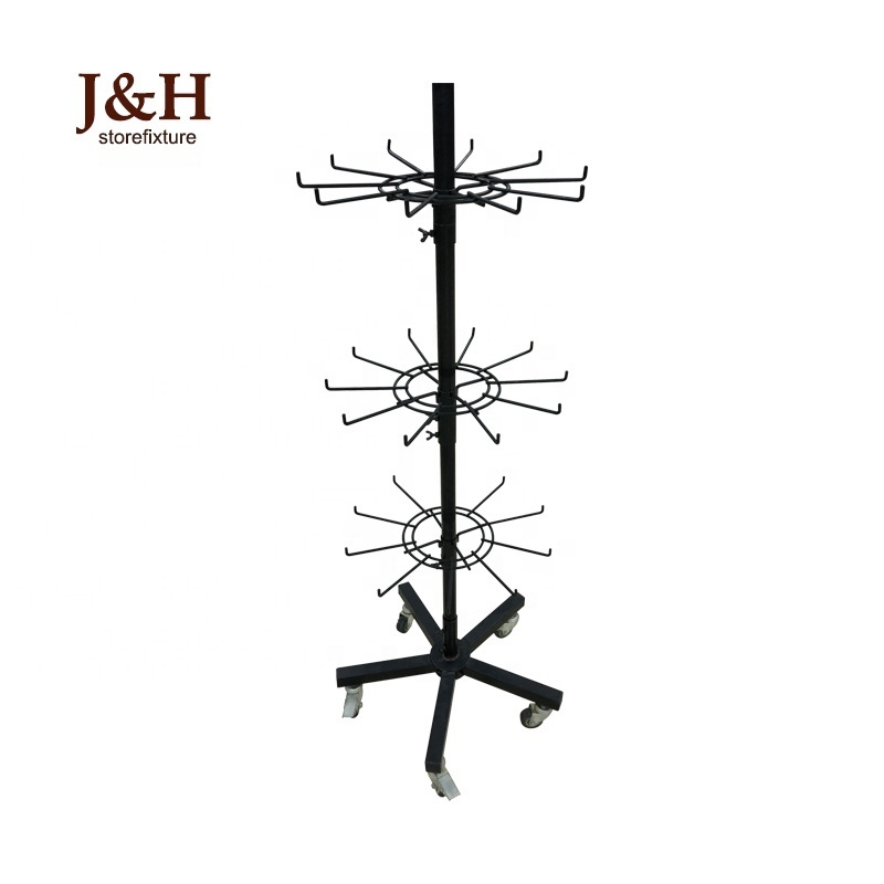 Retail Store Metal Wire Rotating Jewelry Display Rack Black Five Tier Floor Standing Spinning Display Rack with Hooks