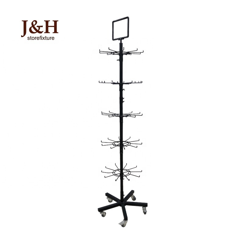 Retail Store Metal Wire Rotating Jewelry Display Rack Black Five Tier Floor Standing Spinning Display Rack with Hooks