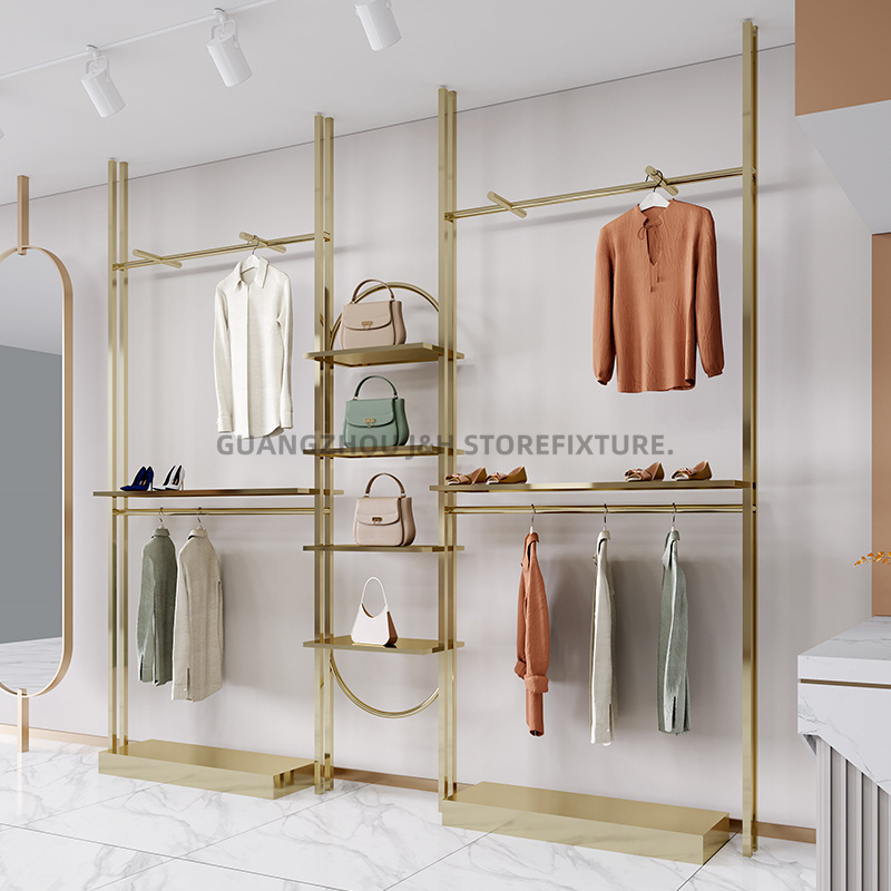 Ready to ship wall mounted gold shelf retail clothes display adjustable height shoe and clothes rack display custom