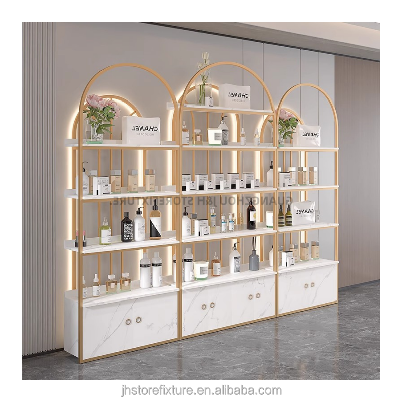 Factory hot sale hair salon shelves cosmetic display stand with cabinet and light Window display cosmetic shelf display rack