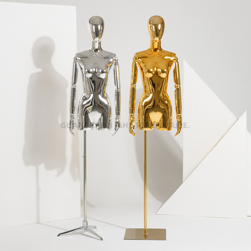 electroplating dummy for clothing female boutique gold and silver chrome mannequin for trade show half body torso model