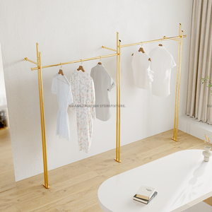 Customize Garment Clothes Display Racks Coat Golden Industrial Pipe Clothing Shelf Wall Mounted For Shop