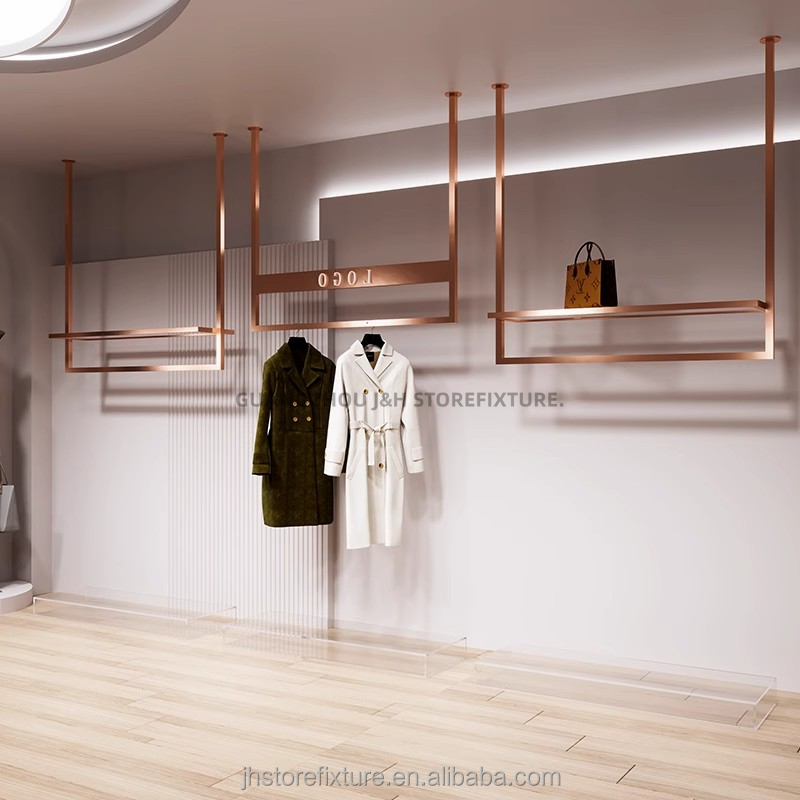 clothes shop design display hanging adjustable wall mounting rose gold clothing rack exhibition display shelves