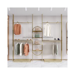 Ready to ship wall mounted gold shelf retail clothes display adjustable height shoe and clothes rack display custom