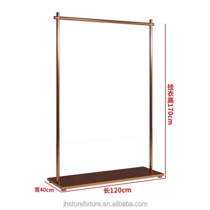 Best selling clothing store racks shelf display bag rose gold coat display rack floor stand for boutique custom size