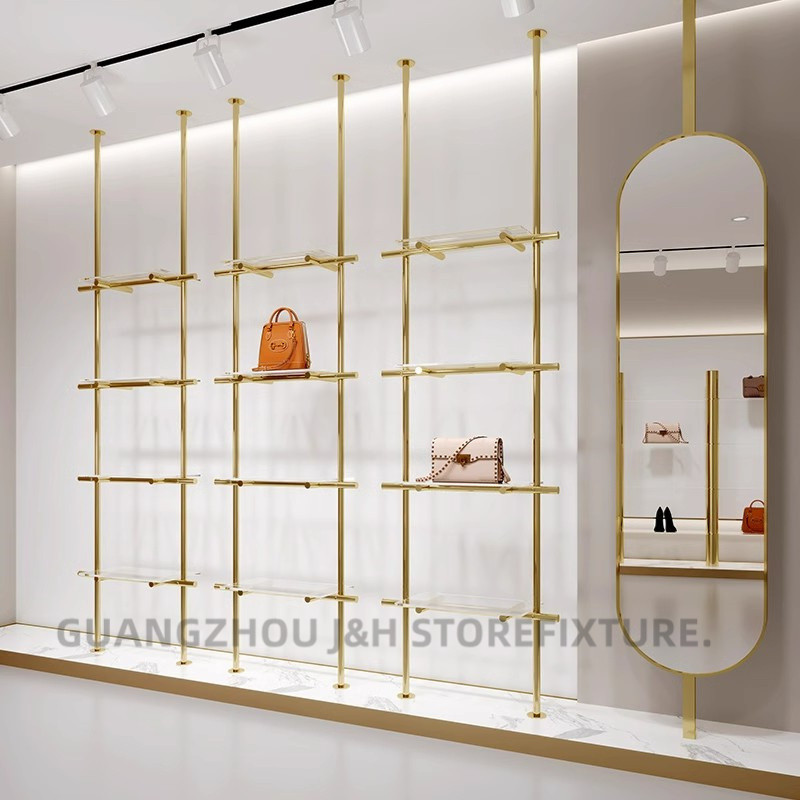 Shoes store wall mounted display rack gold custom floor to ceiling acrylic shelves stand hanging column