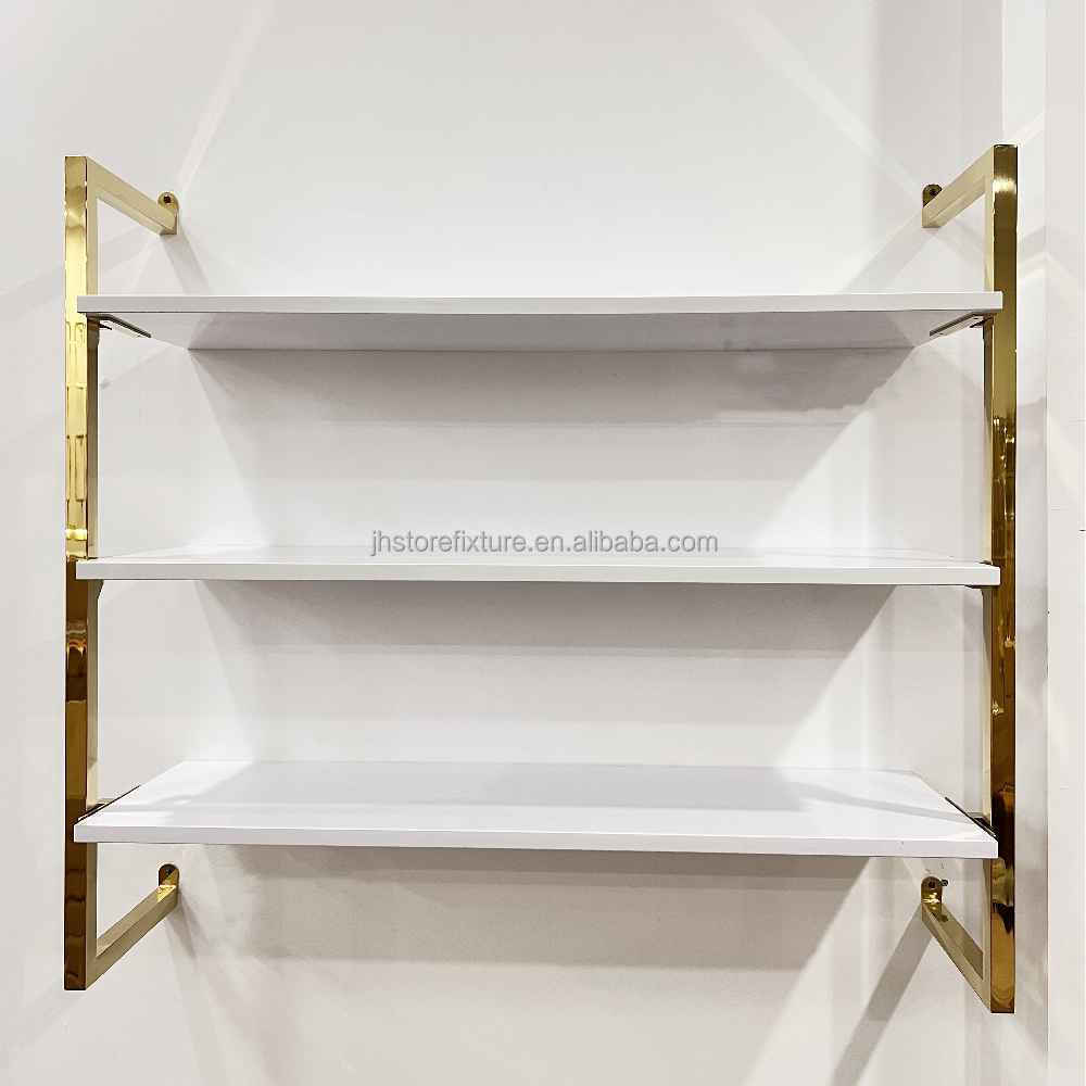 Customized Shoe Display mall window wallet wall mounted Gold Stainless Steel MDF Shoe bag display racks For Three Layers