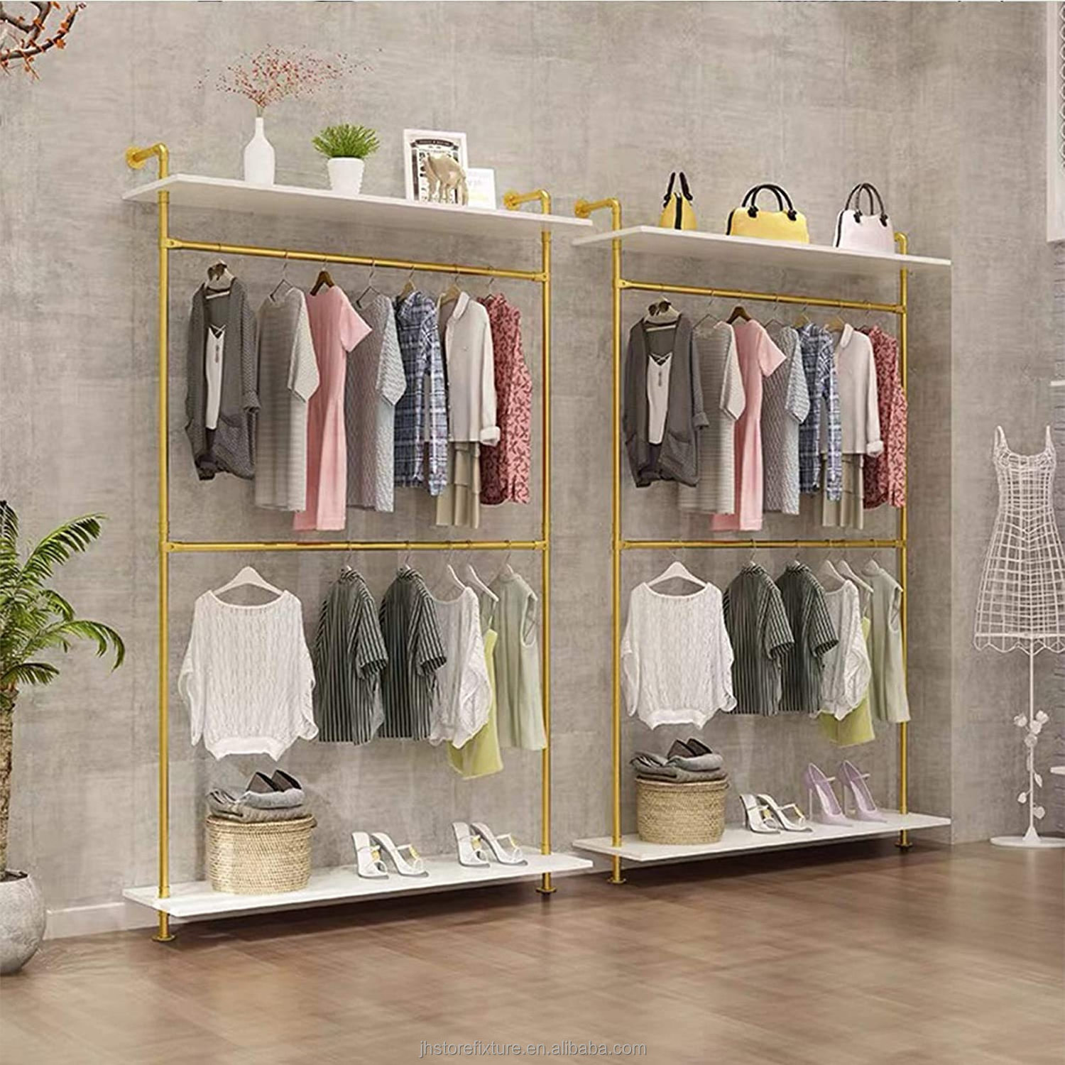 Modern Simple Industrial Pipe Double Hanging Rods Stainless Steel Wall mounted Clothing Display Rack For Shop