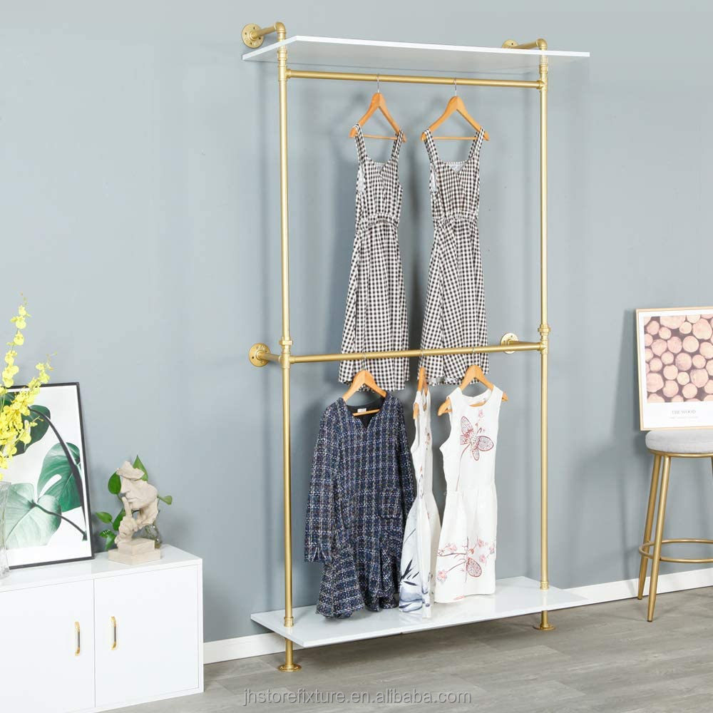 Modern Simple Industrial Pipe Double Hanging Rods Stainless Steel Wall mounted Clothing Display Rack For Shop