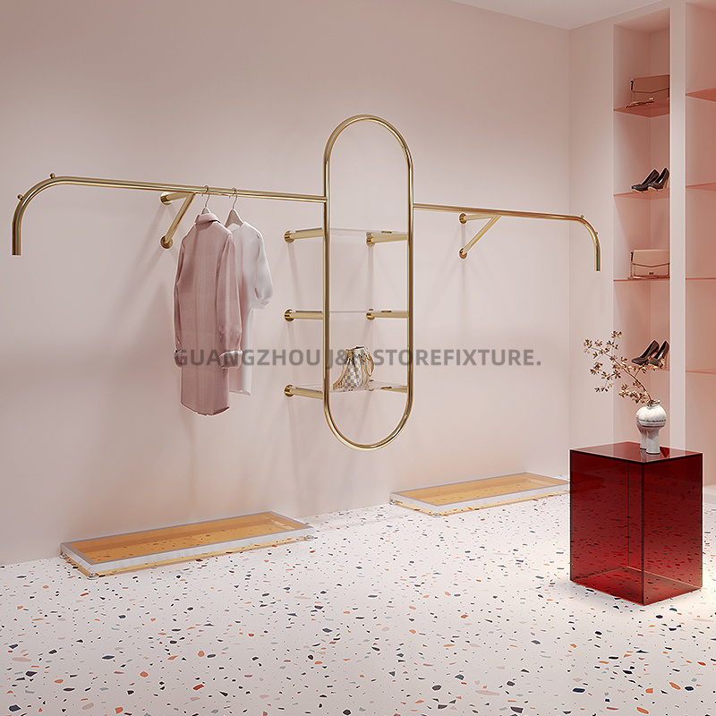 Fashionable Walled Clothing Racks For Boutique Gold Hanger Luxury Clothes Display Shoes Shop Interior Design