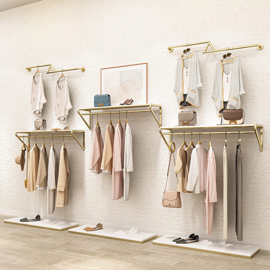 New Fashion Store Clothing Rails Display Gold Stainless Steel Wall Mounted Customized