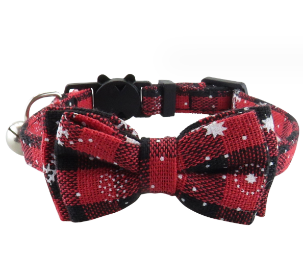 Dog Collar with Bow tie, Christmas Classic Plaid Snowflake Dog Collar with Light Adjustable Buckle