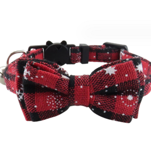 Dog Collar with Bow tie, Christmas Classic Plaid Snowflake Dog Collar with Light Adjustable Buckle