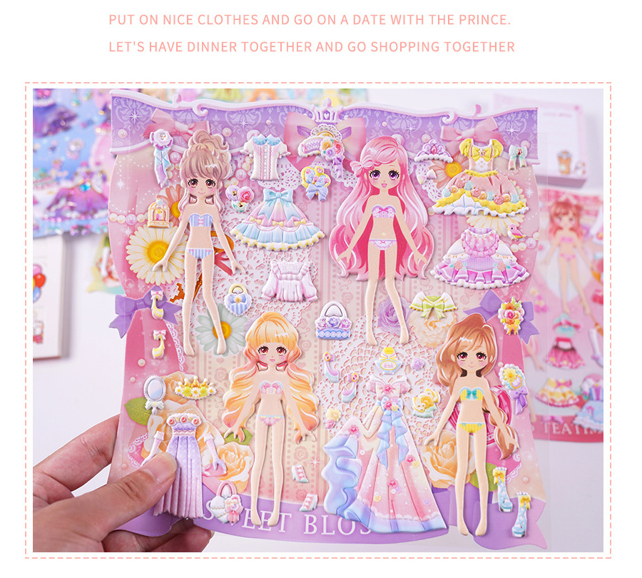 SHANLE cute girls boys universal dress up puff stickers cartoon closet stickers custom kawaii princess bubble stickers