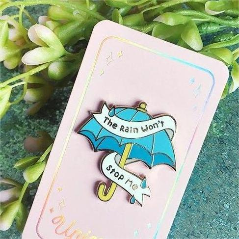 Cartoon anime cute yellow blue umbrella rain Custom made pin badges soft enamel gold metal lapel pin with backing card