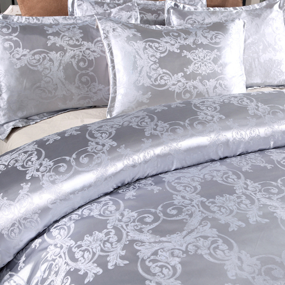 Hot Sale Luxury Customize Satin Silk Polyester Bedding Set Grey 228x228cm Jacquard  Bedding Set