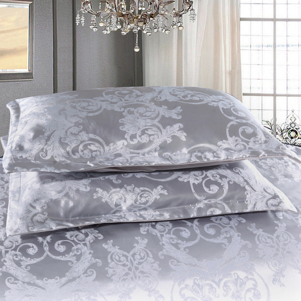 Hot Sale Luxury Customize Satin Silk Polyester Bedding Set Grey 228x228cm Jacquard  Bedding Set